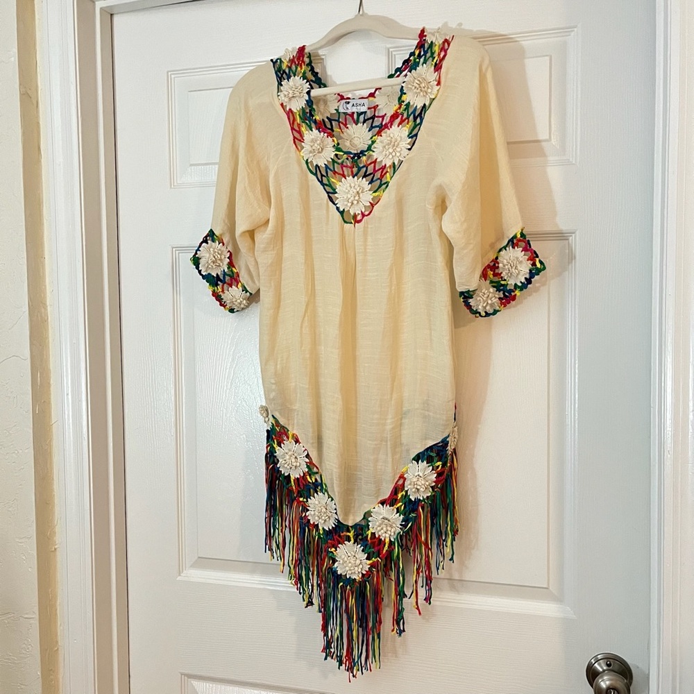 Asha Colorful Tunic Top with Rainbow Fringe and Crochet